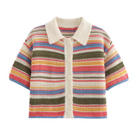 Women Patchwork Striped Hollow Out Crochet Knitted Crop Sweater Shorts Set Short Sleeve Polo Collar Sweater Knit Shorts Suit Y2K Quick Pick Grocers
