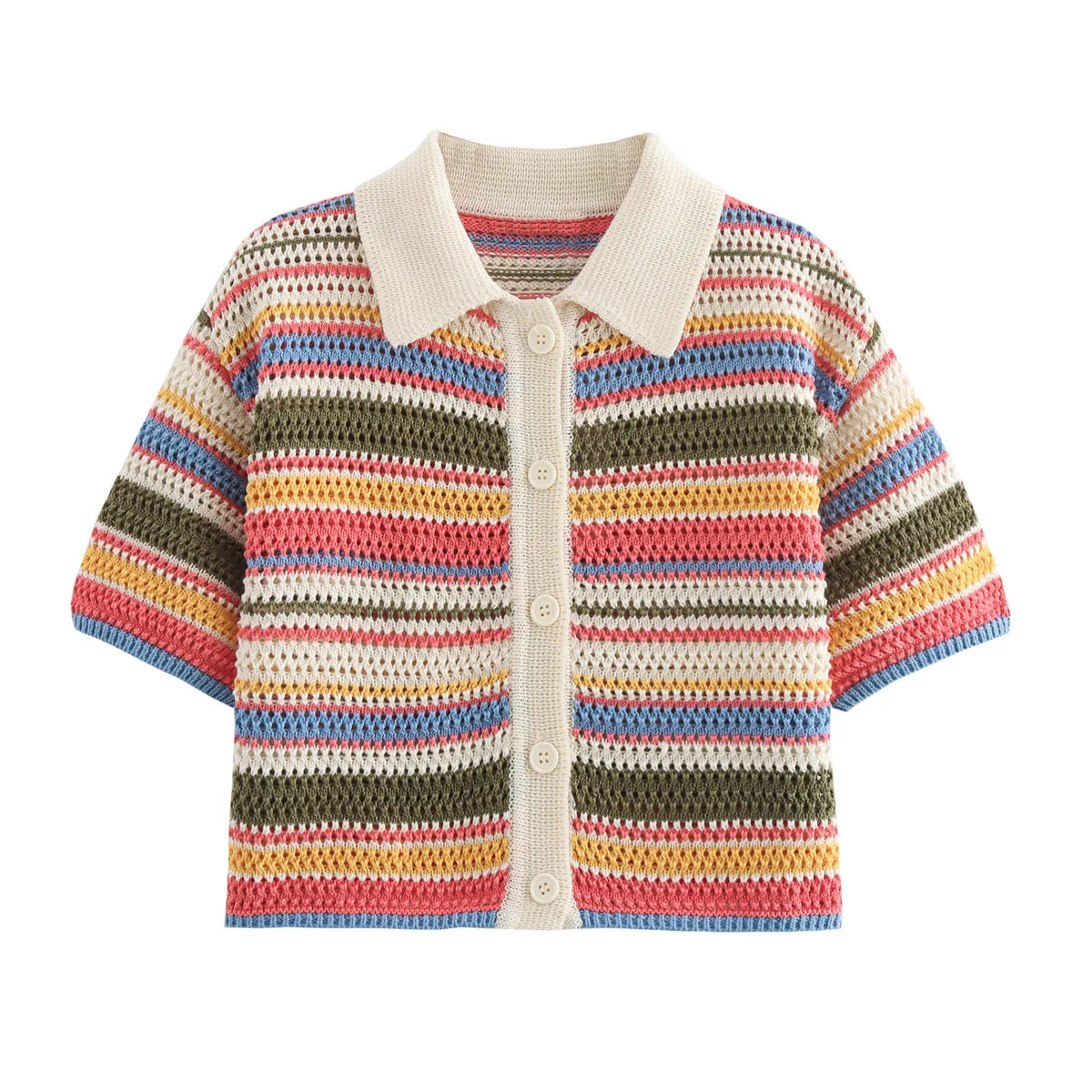 Women Patchwork Striped Hollow Out Crochet Knitted Crop Sweater Shorts Set Short Sleeve Polo Collar Sweater Knit Shorts Suit Y2K Quick Pick Grocers