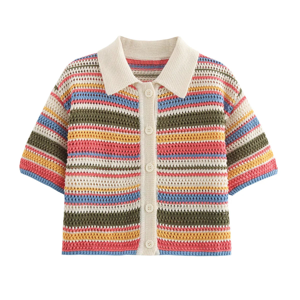 Women Patchwork Striped Hollow Out Crochet Knitted Crop Sweater Shorts Set Short Sleeve Polo Collar Sweater Knit Shorts Suit Y2K Quick Pick Grocers