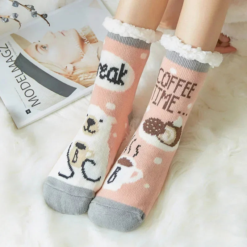 Christmas Gift Slipper Socks Women Thermal Winter Warm Plush Non slip Grip Sleeping Floor Short Sock Fuzzy Fluffy Female Cartoon Quick Pick Grocers