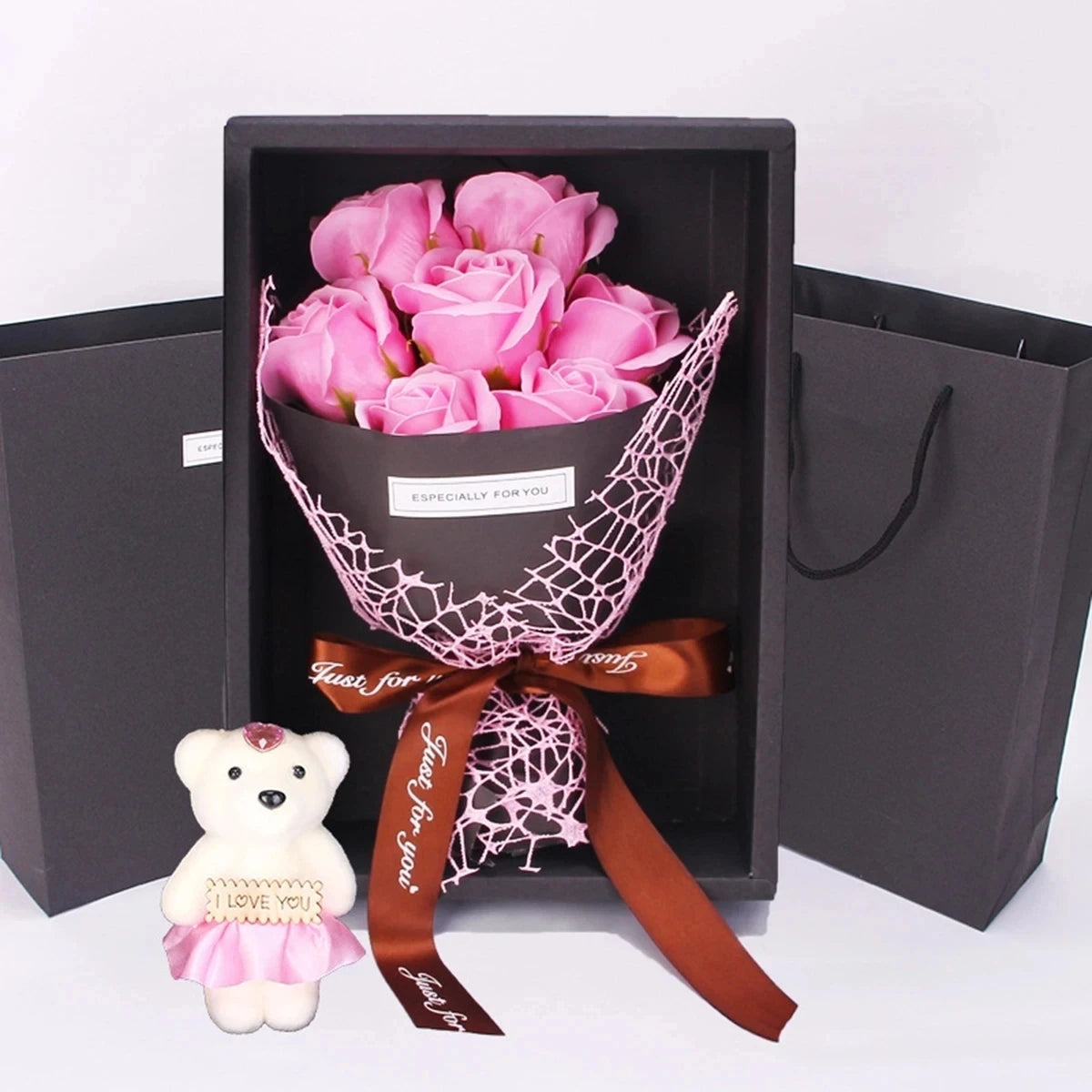 1Pc Handmade 7 Rose Soap Bouquet Little Bear Gift Box Creative Valentine's Day Mother's Day Birthday Party Rose Flower Gifts Quick Pick Grocers