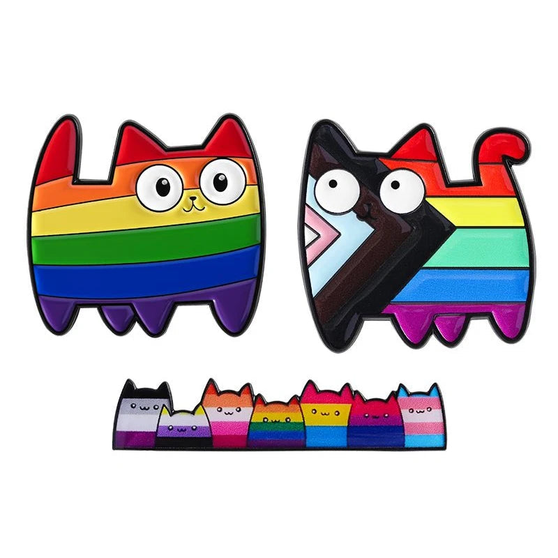 LGBT Pride Rainbow Striped Cat Brooch Enamel Pins Cute Cartoon Big Eye Kitten Brooch Lapel Badge Animal Jewelry Gift for Friends Quick Pick Grocers
