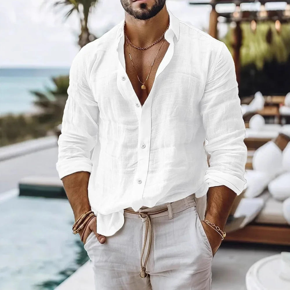 Cotton Linen Shirt for Men Summer Beach Style Solid Color Single Breasted Breathable Shirts Lightweight Stylish Button Tops Quick Pick Grocers