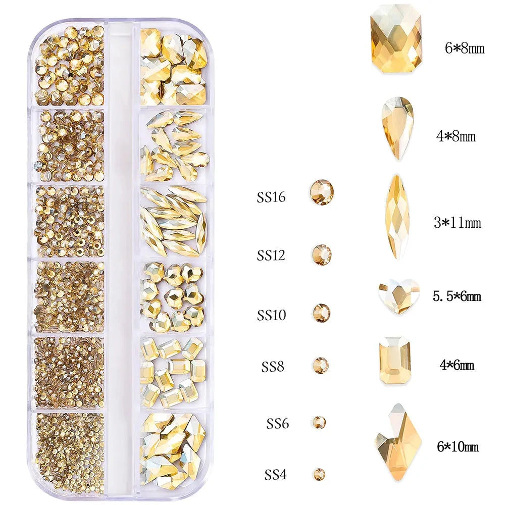 2400pcs+ Shiny Clear Crystal Gems Nail Rhinestones 1.5-4mm Mixed Round Glass Stone Flatback Nail Charms 12grids Nail Diamond DIY Econic Blanks