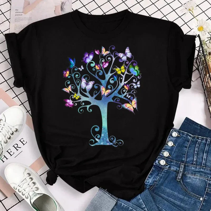 New Fashion Women T-shirt Colorful Butterfly Petal Print Short Sleeve and Round Neck Cute Graphic Tee Shirts Female Tops Clothin Quick Pick Grocers