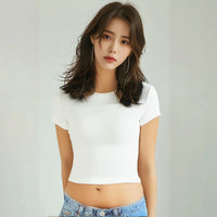 4 pieces Solid color basic short sleeved tight fitting T-shirt for women's casual summer minimalist women's style top O-neck Quick Pick Grocers