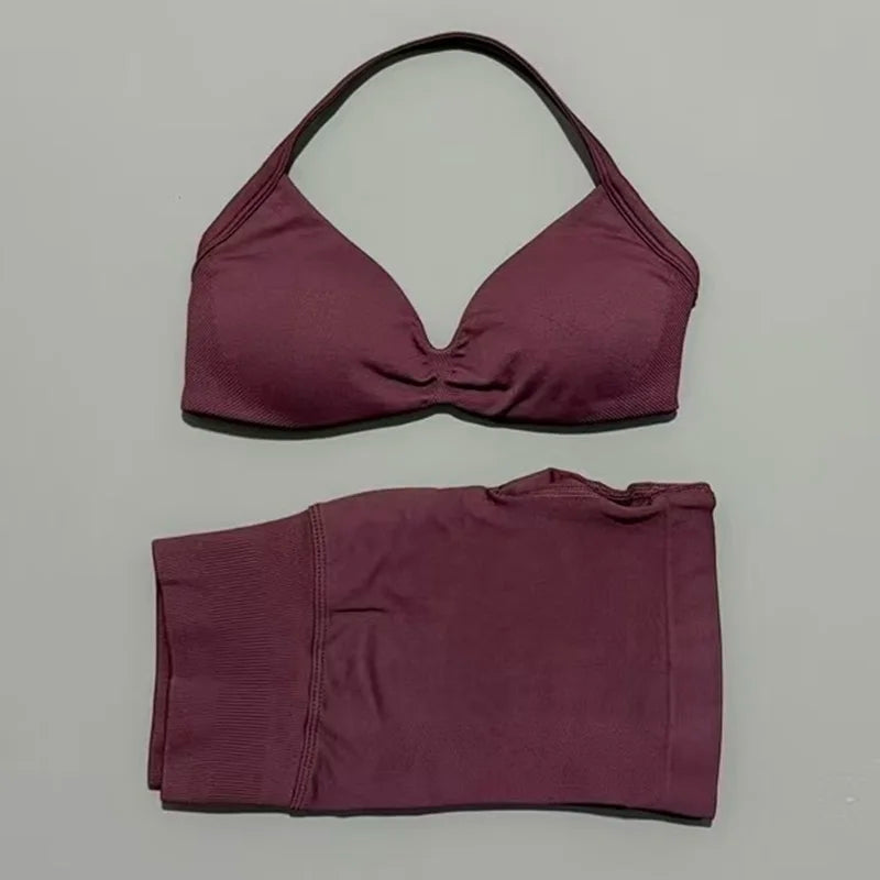 HISTELLO Gym Set 2 Piece Women Strappy Yoga Bra Top Workout Scrunch Shorts Sports Suit Fitness Clothes Seamless Yoga Set Quick Pick Grocers