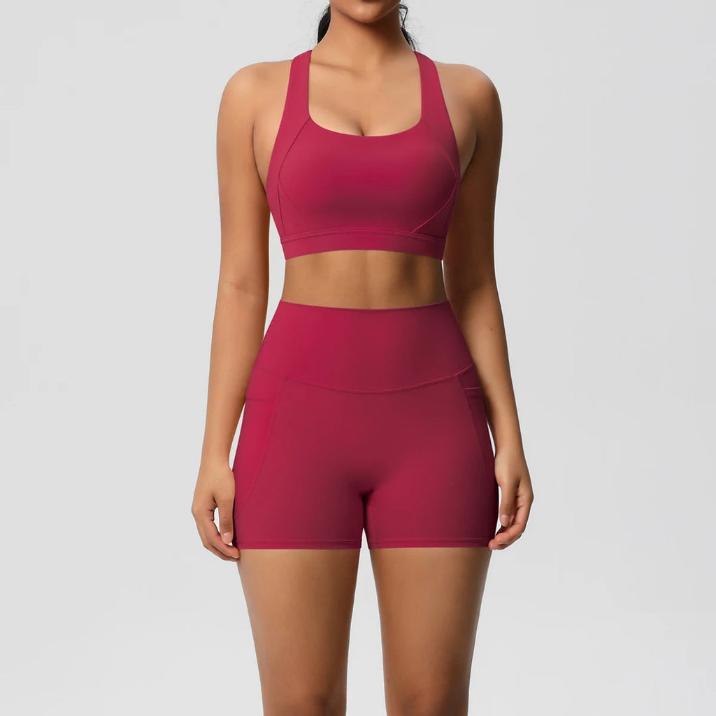 2PCS Sportswear With Pocketed Yoga Set Gym Clothes Yoga Suits For Women Tracksuits Sports Shorts Crossover Bra Gym Leggings Quick Pick Grocers