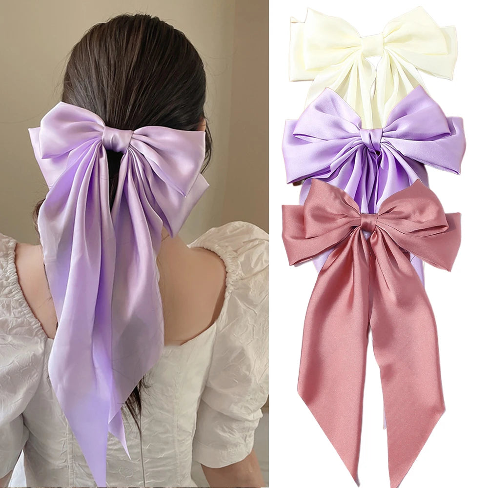 Korean Accessories Hair Clips for Women Girls Big Bowknot Solid Satin Long Ribbon Bows Spring Clamp Barette Cheveux Femme 2023 Quick Pick Grocers