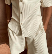 Spring/Summer suit Solid color corduroy shorts sleeve shirt and shorts stretch beach casual suit Quick Pick Grocers