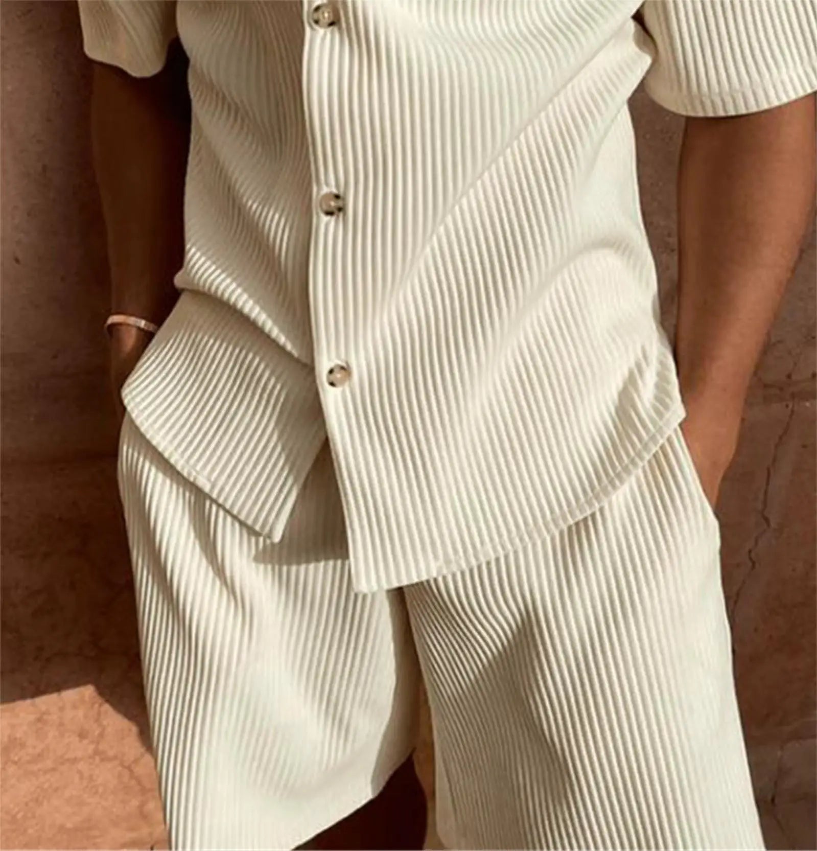 Spring/Summer suit Solid color corduroy shorts sleeve shirt and shorts stretch beach casual suit Quick Pick Grocers