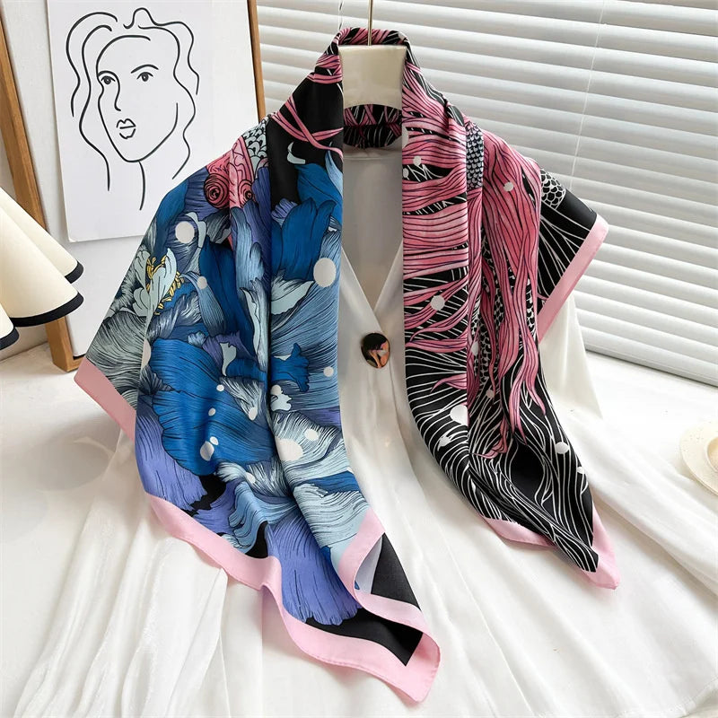 90*90Cm Square Scarf Twill Silk Feeling Women Head Shawls and Wraps Luxury Hair Tree Print Neck Scarves Hijab Bandana Pashmina Quick Pick Grocers