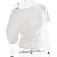 Off Shoulder Ruched Crop Top Women Basics Solid Color Skew Collar Short Sleeve T-shirts Summer Casual Streetwear Tees Quick Pick Grocers