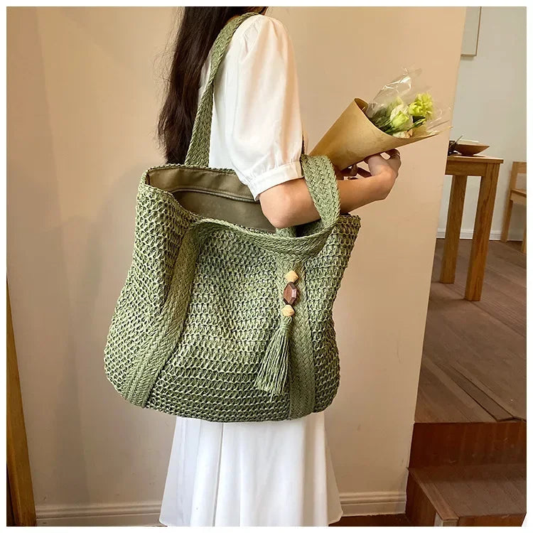 Elegant Ladies Straw Woven Handbag Women Holiday Beach Commute Casual Tote Top-Handle Bags Fashion Retro Shoulder Bags 2024 Quick Pick Grocers