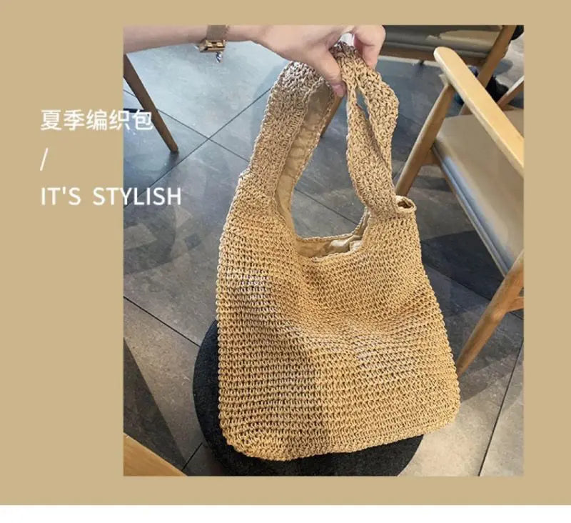 French Style Large Capacity Woven Straw Woven Bag for Women New Beach Vacation Shoulder Bag Casual Commuting Tote Bag Purse Quick Pick Grocers