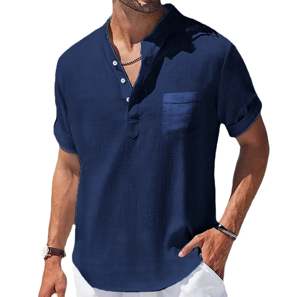New Men's Casual Stand Up Collar Summer Solid Color Short Sleeve Linen Shirt Trendy Breathable Loose Youth Basic Pocket Top Quick Pick Grocers