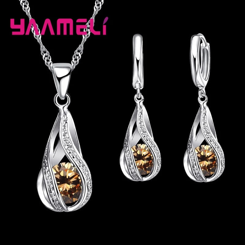 Hot Water Drop CZ 925 Sterling Silver Plated Jewelry Set For Women Pendant Necklace Hoop Earrings Wedding Party Ceremoey Anel Quick Pick Grocers