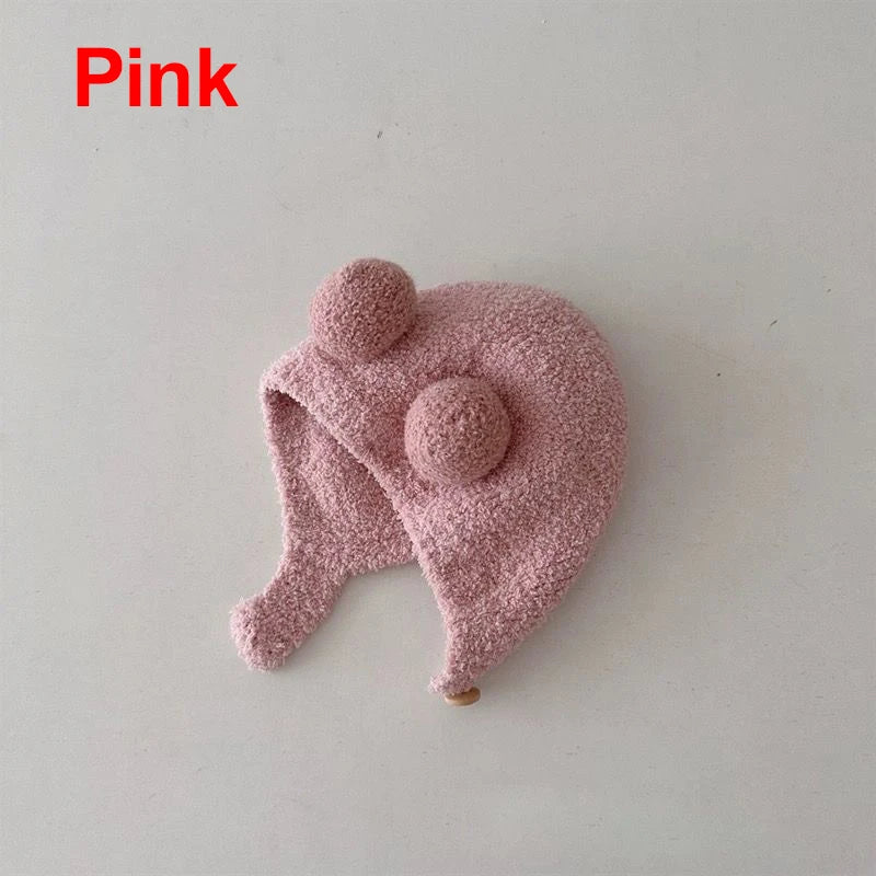 Cute Winter Warm Kids Girl Boys Baby Hats Fleece Wool Hemming Caps with Ball Solid Wool Ear Protection Hats Soft Newborn Bonnet Purest Peak
