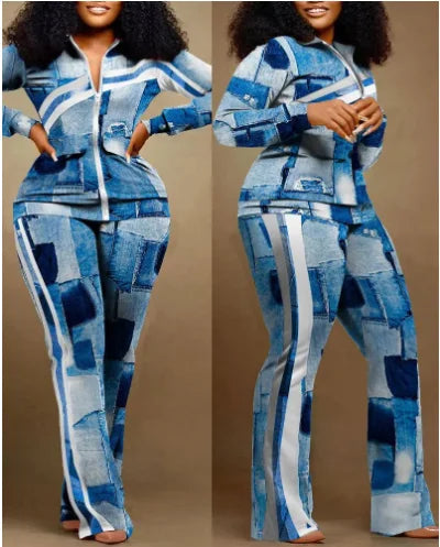 Two Piece Set Women Outfit 2023 Autumn Fashion Geometric Print Stand Collar Long Sleeve Zip Up Top & Casual Sporty Pants Set Quick Pick Grocers