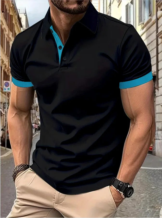 Men's short sleeve color matching fashion with men's lapel short sleeve Quick Pick Grocers