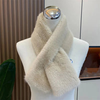 Women Winter Warm Thicken Cross Collar Scarf Solid Color Faux Rabbit Fur Cold Proof Scarves Fashion Soft Furry Neck Warmer Quick Pick Grocers