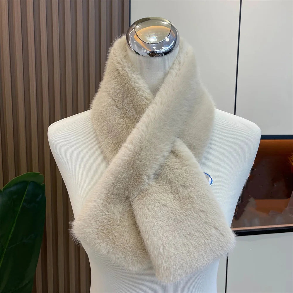 Women Winter Warm Thicken Cross Collar Scarf Solid Color Faux Rabbit Fur Cold Proof Scarves Fashion Soft Furry Neck Warmer Quick Pick Grocers