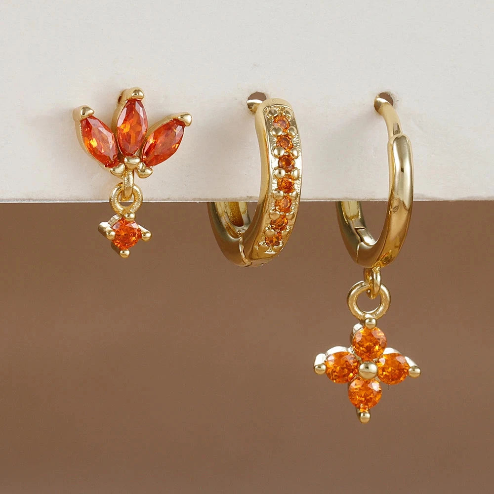 3PCS Fashion Orange Blue Zircon Hanging Earrings Set for Women Stainless Steel Flower Dangle Earring Piercing Jewelry Econic Blanks