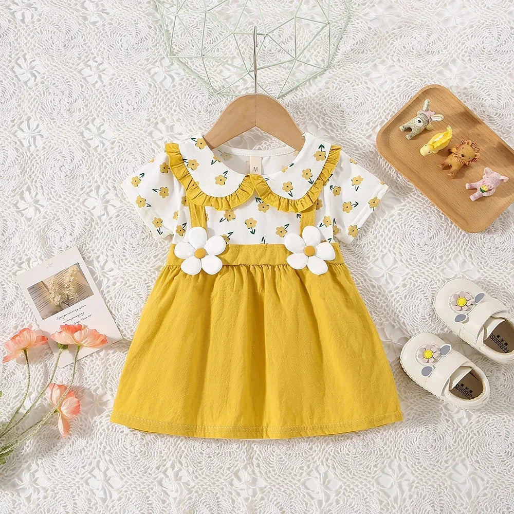 (0-3 Years Old) Summer Baby Girl Cotton Flower Fake Two-Piece Shoulder Strap Dress Girl Cute Short Sleeved Dress Econic Blanks