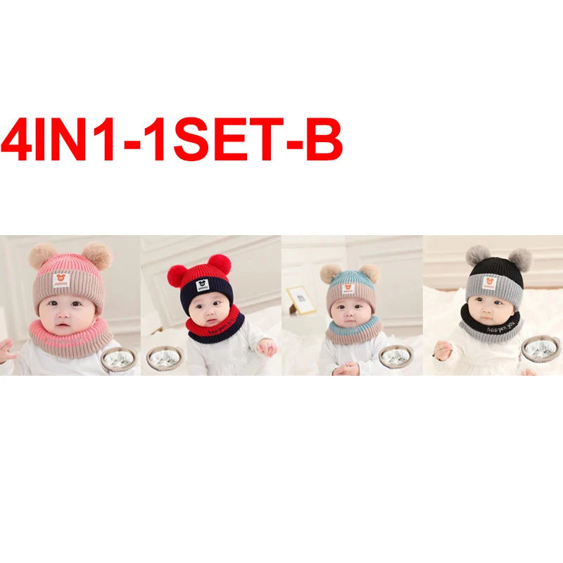 Cute Winter Warm Kids Girl Boys Baby Hats Fleece Wool Hemming Caps with Ball Solid Wool Ear Protection Hats Soft Newborn Bonnet Purest Peak