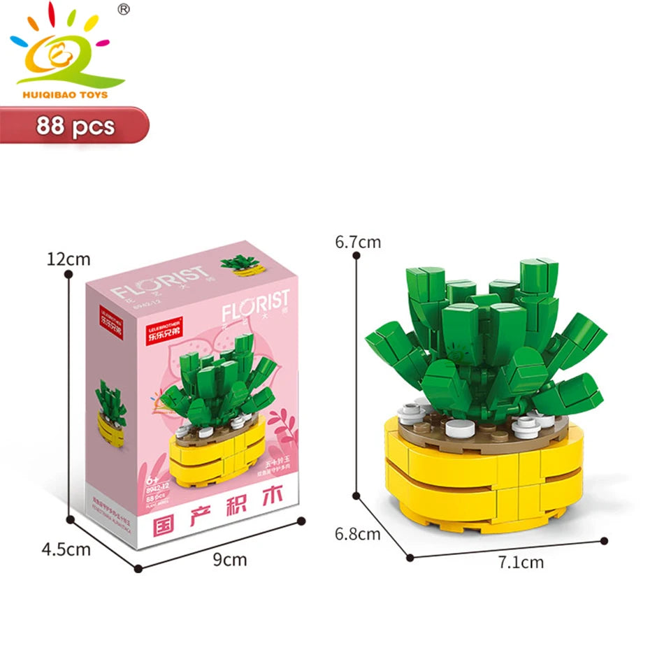 HUIQIBAO MOC Flower Succulent Potted Model Building Block DIY Eternal Bouquet Home Desk Plant Decor Brick Girl Gift Children Toy Quick Pick Grocers