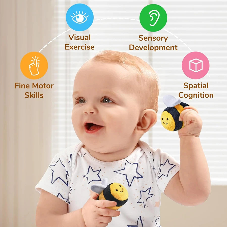 Baby Toys 6-12 Months Soft Baby Beehive with 5 Sensory Bee Rattle Mirror Crinkle Squeaker Busy Montessori Soft Toy for Toddlers Purest Peak