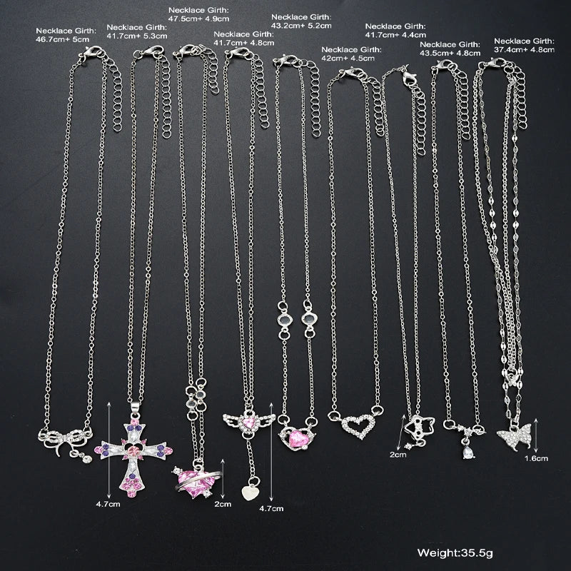 9 Pcs Women's Elegant Zircon Pendants Necklace Set Fashion Pink Color Cross Butterfly Heart Bowknot Necklaces Party Jewelry Gift Quick Pick Grocers