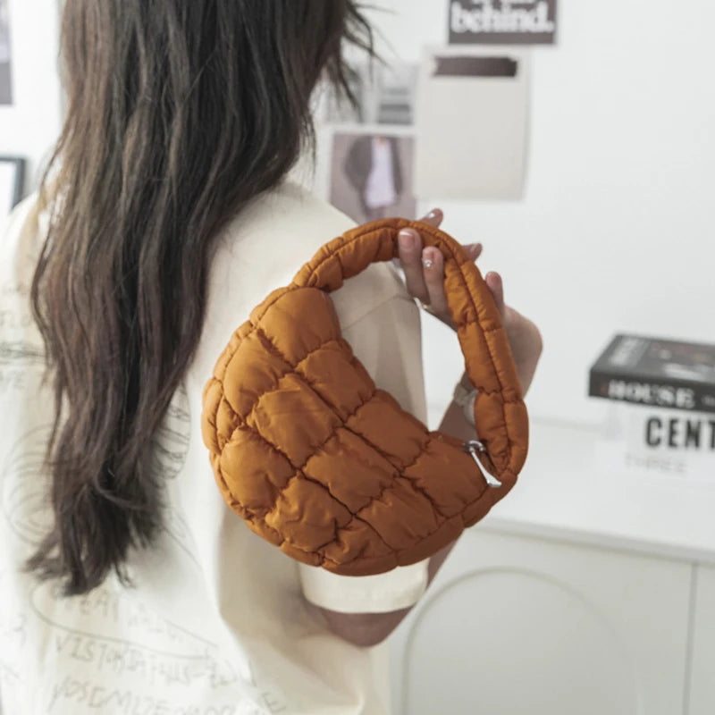 Fashion Mini Puffer Tote Bag Quilted Circle Phone Purse Elegant Purple Soft Nylon Padded Key Pouch Simple Trend Handbag Econic Blanks