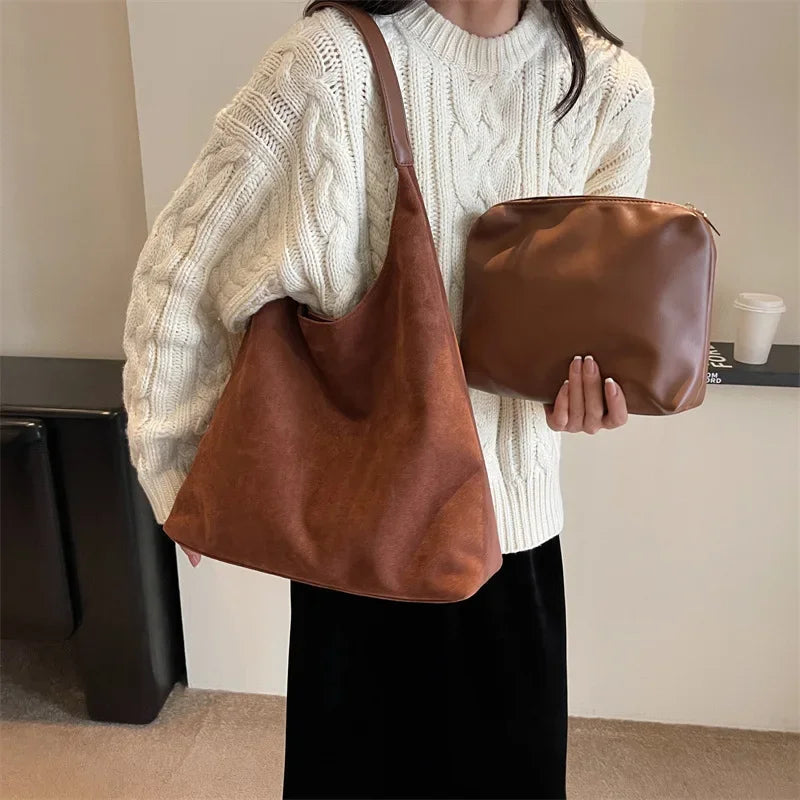 Autumn and Winter Vintage Women's Bag Large Capacity Suede Shoulder Bag Solid Color Simple Casual Commuter Bag Retro Handbags Quick Pick Grocers