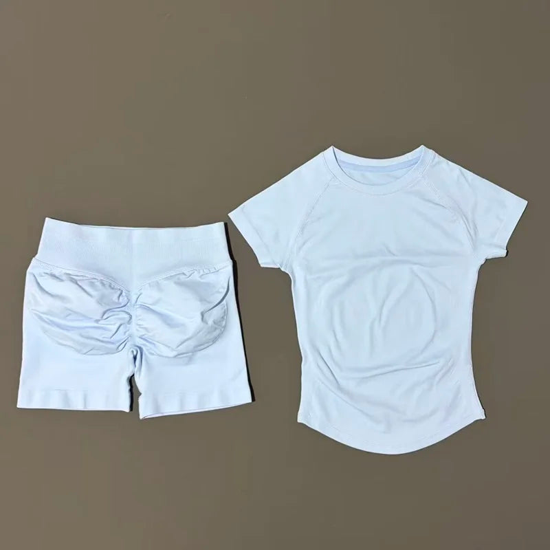 2 Pcs HISTELLO Sports Gym Sets Short Sleeve Seamless Yoga Clothing Fitness Set Women Workout Running Sports Short Leggings Suit Quick Pick Grocers