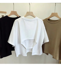 Summer New Ladies Casual Backless T-Shirt 2023 Korean Women Round Neck Loose Sweet Spicy Wind Short-Sleeved Crop Tops Quick Pick Grocers