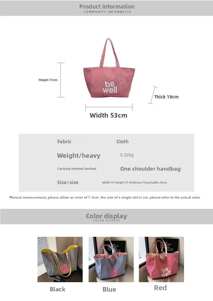 Casual Large Stripe Women's Shoulder Bag 2025 New Fashion Commuter Tote Bag High Capaci Canvas Handbag for Youth bolso mujer Quick Pick Grocers