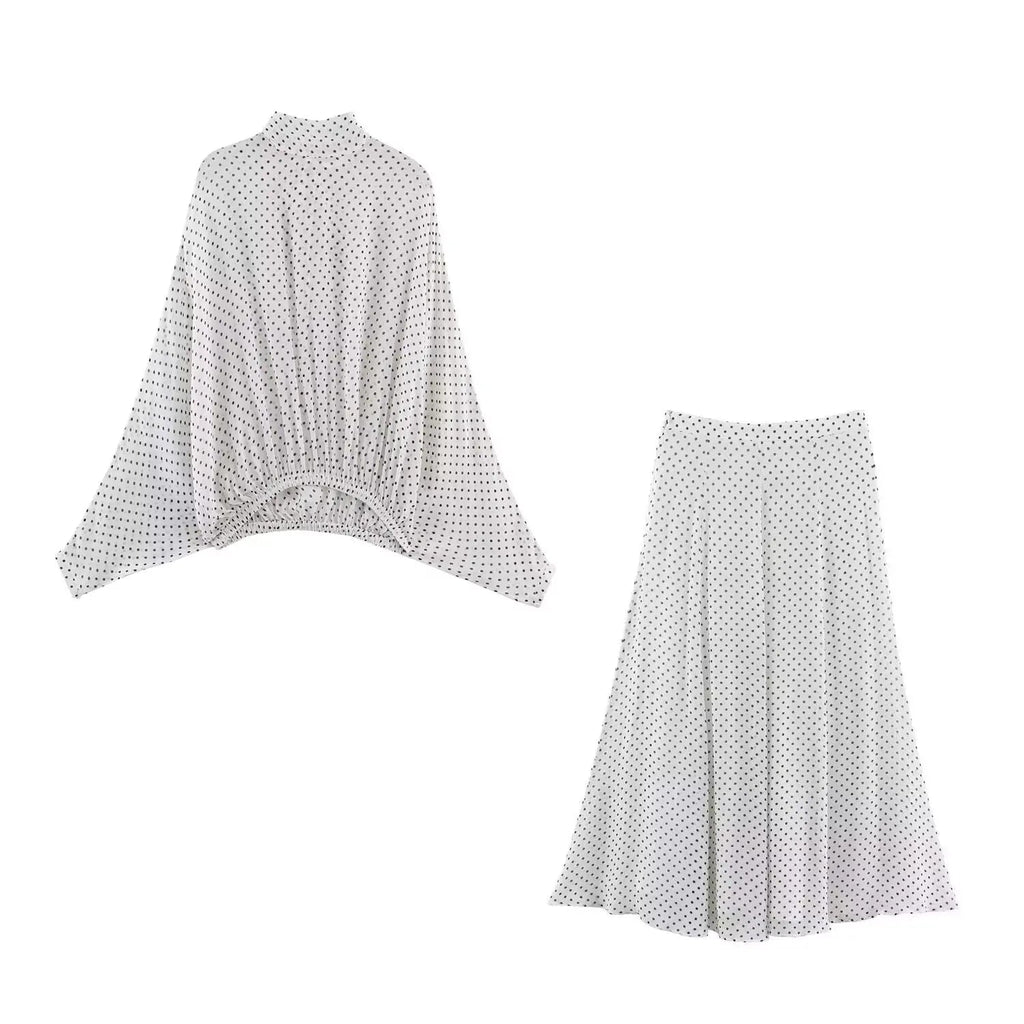Polka Dot Printed Midi Skirts Two Piece Sets for Women 2025 Summer Chic Bow Tied Blouse Top Suits Woman 2 Piece Outfits Quick Pick Grocers