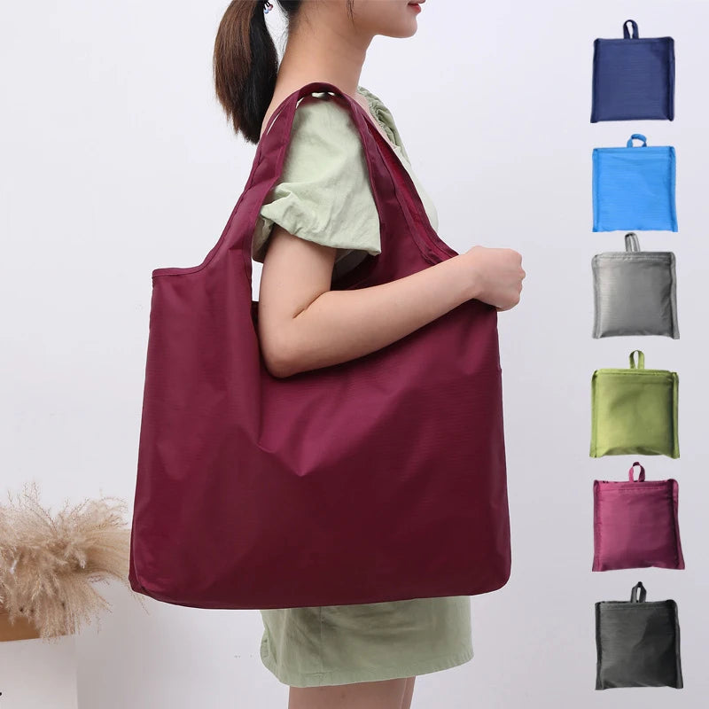 BIG Eco-Friendly Folding Shopping Bag Reusable Portable Shoulder Handbag for Travel Grocery simple solid color grocery bag Quick Pick Grocers