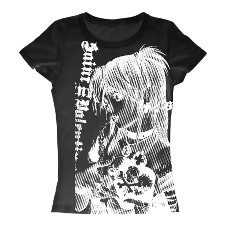 Y2k anime Streetwear O-neck 90s Text Printing Tops Women Harajuku Clothes Simple Vintage Crop Tee Aesthetic emo Casual T-shirt Quick Pick Grocers