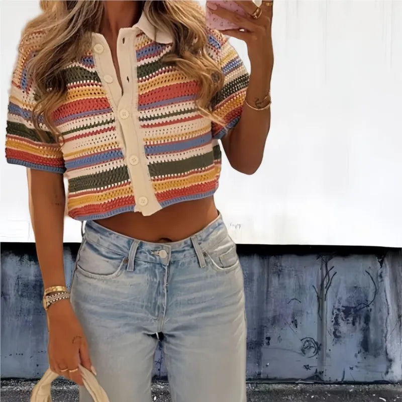 Women Patchwork Striped Hollow Out Crochet Knitted Crop Sweater Shorts Set Short Sleeve Polo Collar Sweater Knit Shorts Suit Y2K Quick Pick Grocers
