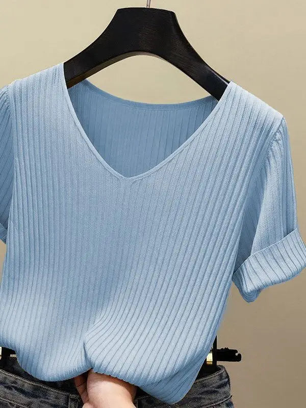 AOSSVIAO 2026 Basic V-neck Solid Thin Summer Women Pullover Female Thin Knitted Ribbed Sweater Slim Short Sleeve Bodycon Sweater Quick Pick Grocers