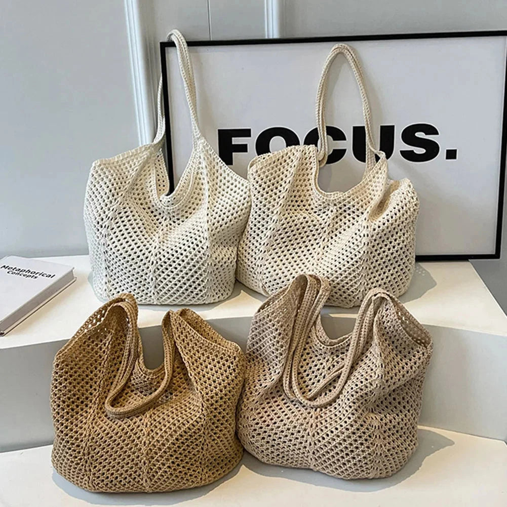 Women Knitting Shoulder Bag Large Capacity Knitting Underarm Bag Solid Crochet Tote Handbag Summer Mesh Beach Bag Hobo Bag Econic Blanks