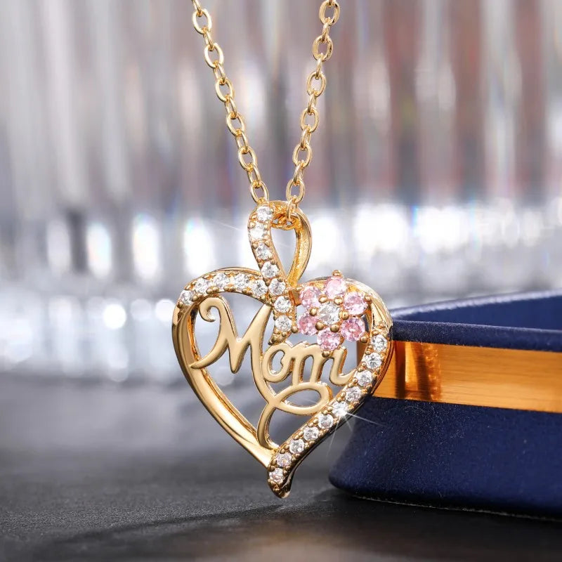 Huitan Mother's Day Necklace for Mom Luxury Trendy Craved Pendant Necklace Pink Flower Aesthetic Neck Accessories Love Jewelry Quick Pick Grocers