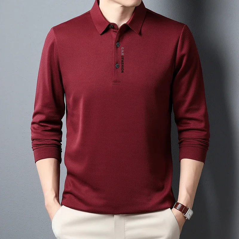 Men's Waffle Long Sleeved POLO Shirt with Letter Printed Lapel Casual Top Quick Pick Grocers