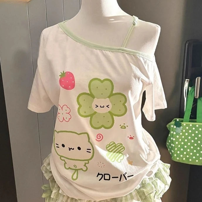 Ezgaga Harajuku T Shirts Women Cartoon Sweet Diagonal Collar Short Sleeve Off Shoulder Funny Tops Female Y2k Ladies Tshirts Quick Pick Grocers