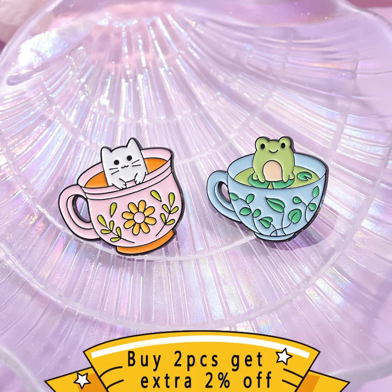 Creative Coffee Cup Animal Collection Enamel Pins Ghost Duck Capybara Frog Brooch Lapel Badge Cute Halloween Jewelry Kid Gift  ﻿ Quick Pick Grocers