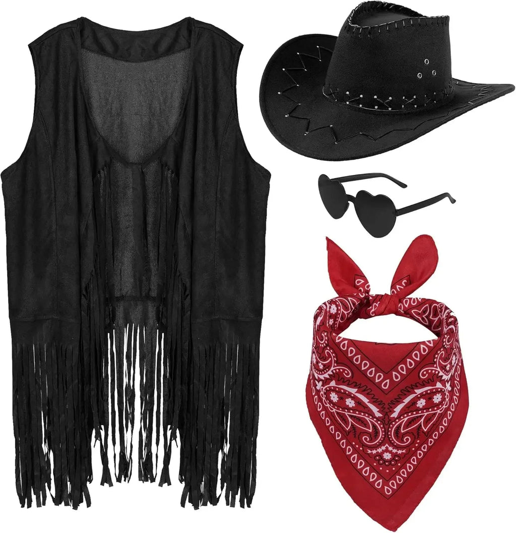Women Men Cowgirl Costume Western Vest Hat Belt Bandana Set for Cowboy Tassels Fringe Vest Halloween Outfits Wild West Cosplay Quick Pick Grocers