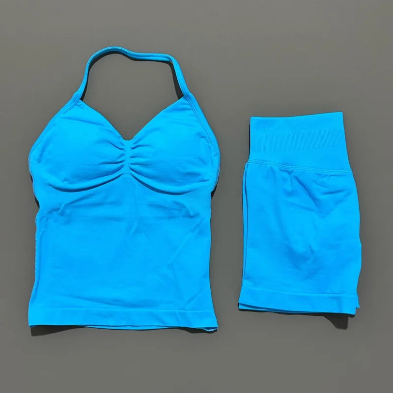 HISTELLO 2 Pieces Sports Set Women Yoga Longline Strap Top Scrunch Seamless Shorts Sport Gym Set Sportswear Workout Fitness Set Quick Pick Grocers