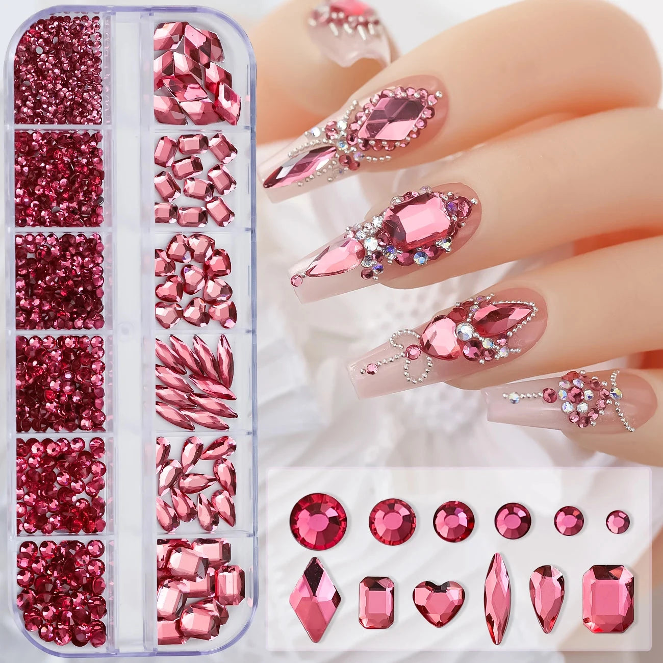 12Grids SS6-SS30 Mixed Nail Rhinestones Shiny Clear/Gold/Pink/Blue Diamond Flat-back Nail Gems Glass Stones Nails Decoration Econic Blanks